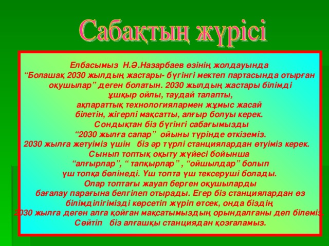 Елбасымыз Н.Ә.Назарбаев өзінің жолдауында “ Болашақ 2030 жылдың жастары- бүгінгі мектеп партасында отырған оқушылар” деген болатын. 2030 жылдың жастары білімді  ұшқыр ойлы, таудай талапты, ақпараттық технологиялармен жұмыс жасай білетін, жігерлі мақсатты, алғыр болуы керек.  Сондықтан біз бүгінгі сабағымызды “ 2030 жылға сапар” ойыны түрінде өткіземіз. 2030 жылға жетуіміз үшін біз әр түрлі станциялардан өтуіміз керек. Сынып топтық оқыту жүйесі бойынша “ алғырлар”, “ тапқырлар” , “ойшылдар” болып  үш топқа бөлінеді. Үш топта үш тексеруші болады. Олар топтағы жауап берген оқушыларды  бағалау парағына белгілеп отырады. Егер біз станциялардан өз білімділігімізді көрсетіп жүріп өтсек, онда біздің 2030 жылға деген алға қойған мақсатымыздың орындалғаны деп білеміз. Сөйтіп біз алғашқы станциядан қозғаламыз.