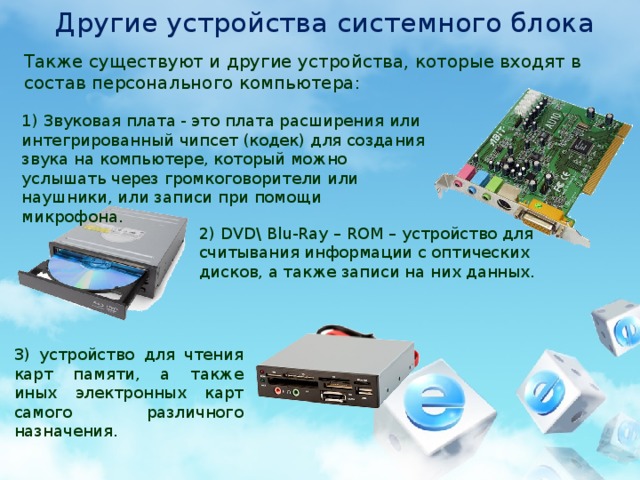 Другие устройства системного блока Также существуют и другие устройства, которые входят в состав персонального компьютера: 1) Звуковая плата - это плата расширения или интегрированный чипсет (кодек) для создания звука на компьютере, который можно услышать через громкоговорители или наушники, или записи при помощи микрофона. 2) DVD\ Blu-Ray – ROM – устройство для считывания информации с оптических дисков, а также записи на них данных. 3) устройство для чтения карт памяти, а также иных электронных карт самого различного назначения. 