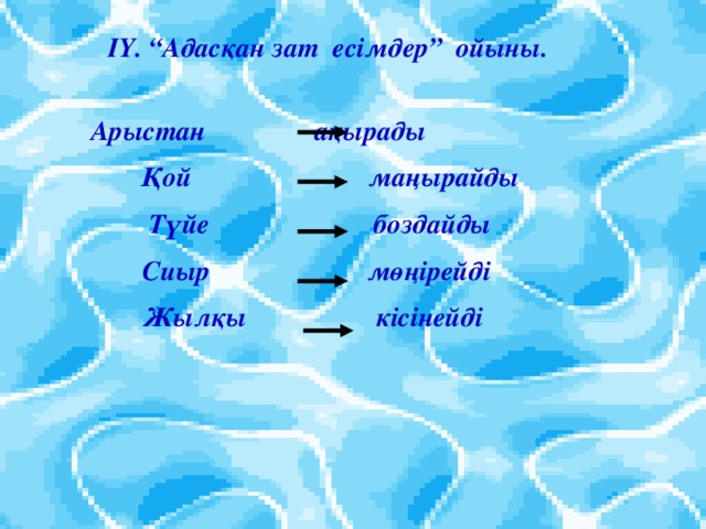 ІҮ. “Адасқан зат есімдер” ойыны. Арыстан ақырады  Қой маңырайды  Түйе боздайды Сиыр мөңірейді Жылқы кісінейді