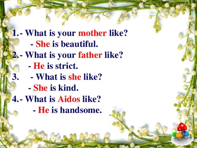 - What is your mother like?  - She is beautiful.  - What is your father like?  - He is strict. 3. - What is she like?  - She is kind.  - What is Aidos like?  - He is handsome.