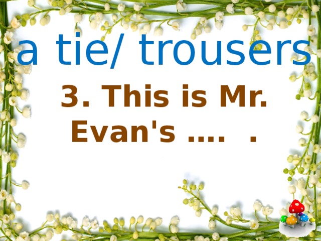 a tie/ trousers   3. This is Mr. Evan's …. .