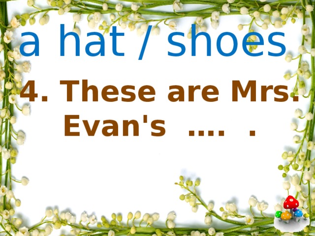a hat / shoes     4. These are Mrs. Evan's …. .