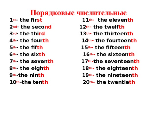 Порядковые числительные 1 st - the fir st 11 th - the eleven th 2 nd - the seco nd 12 th - the twelf th 3 rd - the thi rd 13 th - the thirteen th 4 th - the four th 14 th - the fourteen th 5 th - the fif th 15 th - the fifteen th 6 th - the six th 16 th - the sixteen th 7 th - the seven th 17 th - the seventeen th 8 th - the eigh th 18 th - the eighteen th 9 th -the nin th 19 th - the nineteen th 10 th -the ten th 20 th - the twentie th