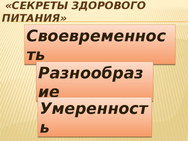 «Секреты здорового питания» Своевременность Разнообразие Умеренность