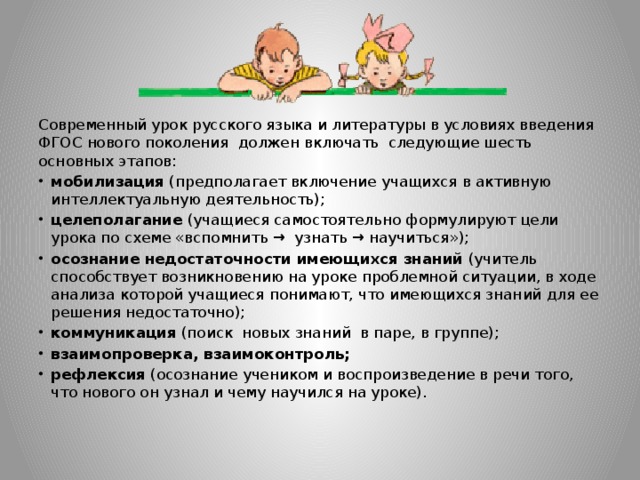 Современный урок русского языка и литературы в условиях введения ФГОС нового поколения должен включать следующие шесть основных этапов: мобилизация (предполагает включение учащихся в активную интеллектуальную деятельность); целеполагание (учащиеся самостоятельно формулируют цели урока по схеме «вспомнить → узнать → научиться»); осознание недостаточности имеющихся знаний (учитель способствует возникновению на уроке проблемной ситуации, в ходе анализа которой учащиеся понимают, что имеющихся знаний для ее решения недостаточно); коммуникация (поиск новых знаний в паре, в группе); взаимопроверка, взаимоконтроль; рефлексия (осознание учеником и воспроизведение в речи того, что нового он узнал и чему научился на уроке).  