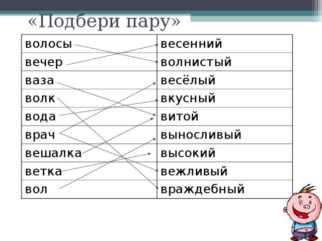 «Подбери пару» волосы вечер весенний ваза волнистый волк весёлый вода вкусный врач витой вешалка выносливый ветка высокий вежливый вол враждебный