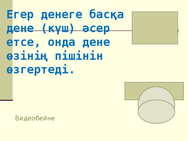 Егер денеге басқа дене (күш) әсер етсе, онда дене өзінің пішінін өзгертеді. Видеобейне