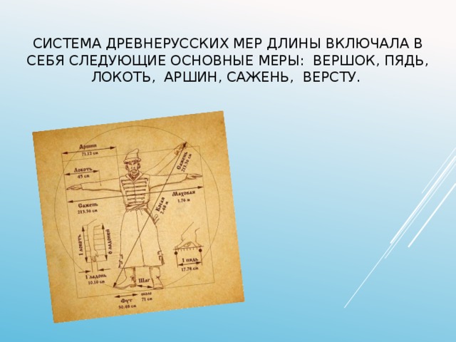 Система древнерусских мер длины включала в себя следующие основные меры: вершок, пядь, локоть, аршин, сажень, версту.