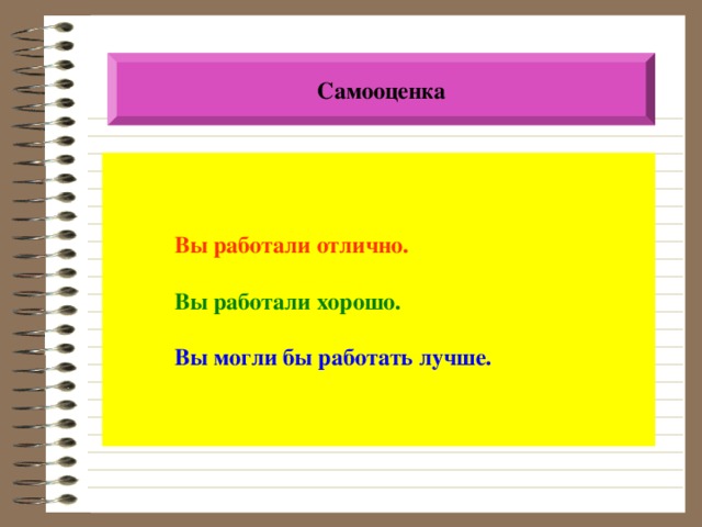 Самооценка Вы работали отлично. Вы работали хорошо. Вы могли бы работать лучше.