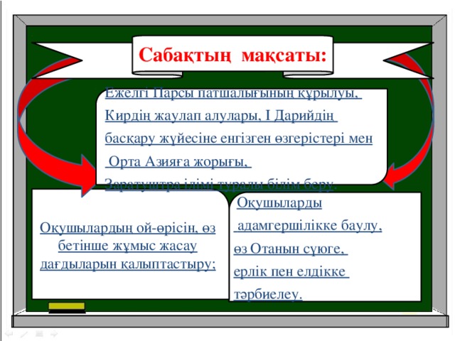 Сабақтың мақсаты: Ежелгі Парсы патшалығының құрылуы, Кирдің жаулап алулары, I Дарийдің басқару жүйесіне енгізген өзгерістері мен  Орта Азияға жорығы, Заратуштра ілімі туралы білім беру . Оқушылардың ой-өрісін, өз бетінше жұмыс жасау дағдыларын қалыптастыру;   Оқушыларды  адамгершілікке баулу, өз Отанын сүюге, ерлік пен елдікке тәрбиелеу.