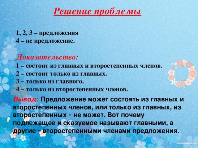 Решение проблемы  1, 2, 3 – предложения  4 – не предложение.  Доказательство: 1 – состоит из главных и второстепенных членов.  2 – состоит только из главных.  3 – только из главного.  4 – только из второстепенных членов. Вывод : Предложение может состоять из главных и второстепенных членов, или только из главных, из второстепенных – не может. Вот почему подлежащее и сказуемое называют главными, а другие – второстепенными членами предложения.