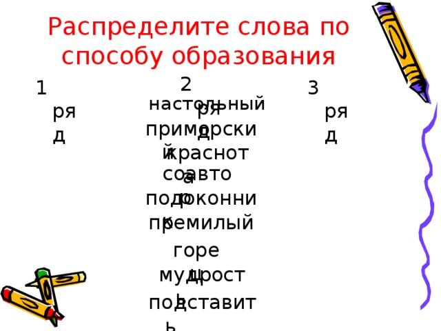 Распределите слова по способу образования 2 ряд 1 ряд 3 ряд настольный приморский краснота соавтор подоконник премилый горец мудрость подставить