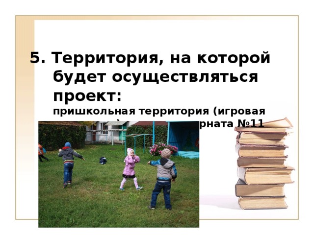 5. Территория, на которой будет осуществляться проект:  пришкольная территория (игровая площадка) школы-интерната №11  г. Шадринска