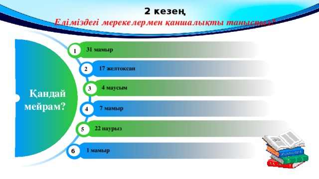 2 кезең Еліміздегі мерекелермен қаншалықты таныспыз? 31 мамыр 1 17 желтоқсан 2 4 маусым 3 Қандай мейрам? 7 мамыр 4 22 наурыз 5 1 мамыр 6