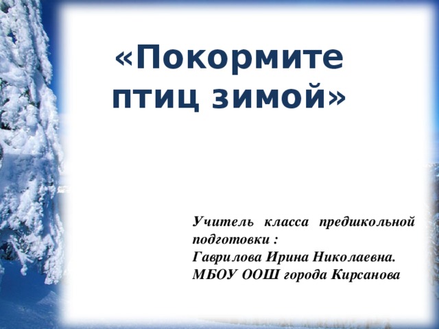 «Покормите птиц зимой» Учитель класса предшкольной подготовки : Гаврилова Ирина Николаевна. МБОУ ООШ города Кирсанова