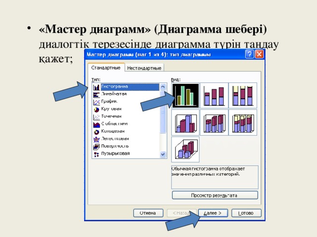 «Мастер диаграмм» (Диаграмма шебері) диалогтік терезесінде диаграмма түрін таңдау қажет;