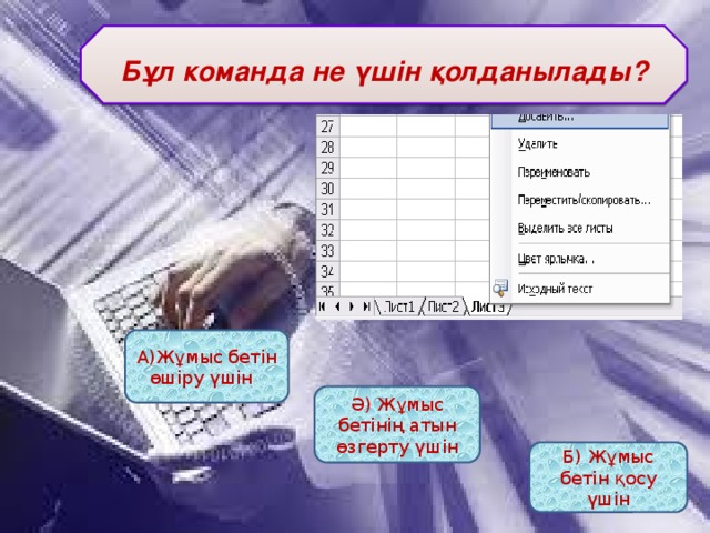 Бұл команда не үшін қолданылады? А)Жұмыс бетін өшіру үшін Ә) Жұмыс бетінің атын өзгерту үшін Б) Жұмыс бетін қосу үшін