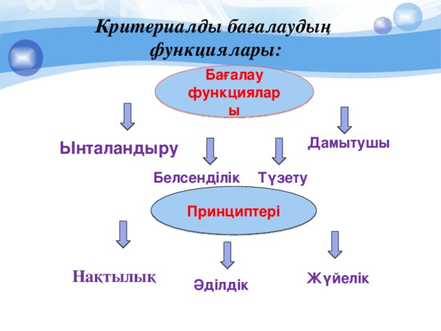 Критериалды бағалаудың функциялары: Бағалау функциялары Дамытушы Ынталандыру  Белсенділік   Түзету Принциптері Нақтылық  Жүйелік Әділдік