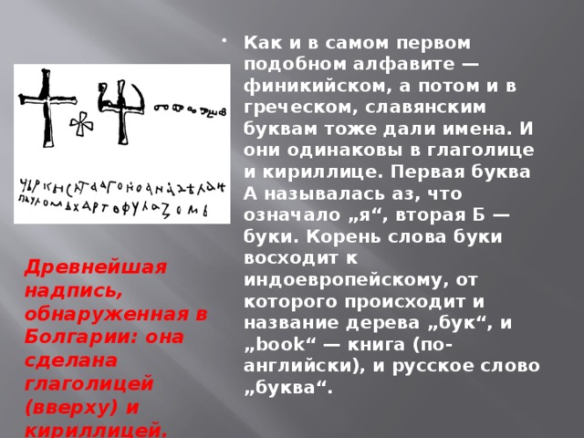 Как и в самом первом подобном алфавите — финикийском, а потом и в греческом, славянским буквам тоже дали имена. И они одинаковы в глаголице и кириллице. Первая буква А называлась аз, что означало „я“, вторая Б — буки. Корень слова буки восходит к индоевропейскому, от которого происходит и название дерева „бук“, и „book“ — книга (по-английски), и русское слово „буква“.