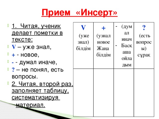 Прием «Инсерт» 1. Читая, ученик делает пометки в тексте: V – уже знал, + - новое, - - думал иначе, ? – не понял, есть вопросы. 2. Читая, второй раз, заполняет таблицу, систематизируя  материал. V  (уже знал) + білдім (узнал новое (думал инач Басқаша ойладым Жаңа білдім ?  (есть вопросы) сұрақ