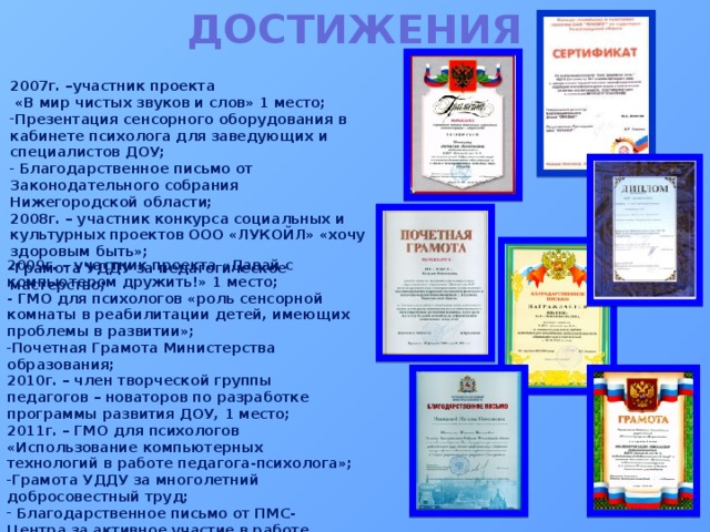 достижения 2007г. –участник проекта  «В мир чистых звуков и слов» 1 место; Презентация сенсорного оборудования в кабинете психолога для заведующих и специалистов ДОУ;  Благодарственное письмо от Законодательного собрания Нижегородской области; 2008г. – участник конкурса социальных и культурных проектов ООО «ЛУКОЙЛ» «хочу здоровым быть»; Грамота УДДУ за педагогическое мастерство; 2009г. – участник проекта «Давай с компьютером дружить!» 1 место; - ГМО для психологов «роль сенсорной комнаты в реабилитации детей, имеющих проблемы в развитии»; Почетная Грамота Министерства образования; 2010г. – член творческой группы педагогов – новаторов по разработке программы развития ДОУ, 1 место; 2011г. – ГМО для психологов «Использование компьютерных технологий в работе педагога-психолога»;