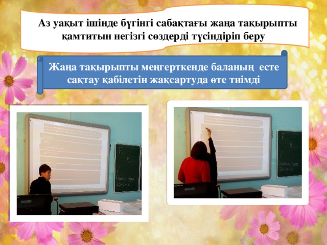 Аз уақыт ішінде бүгінгі сабақтағы жаңа тақырыпты қамтитын негізгі сөздерді түсіндіріп беру Жаңа тақырыпты меңгерткенде баланың есте сақтау қабілетін жақсартуда өте тиімді