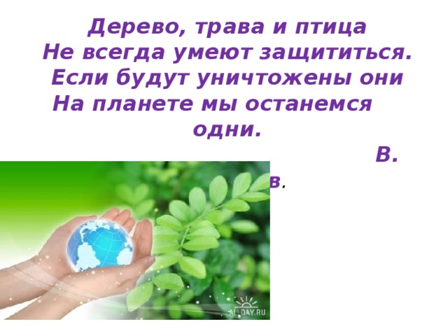 Дерево, трава и птица  Не всегда умеют защититься.  Если будут уничтожены они  На планете мы останемся одни.  В. Берестов .