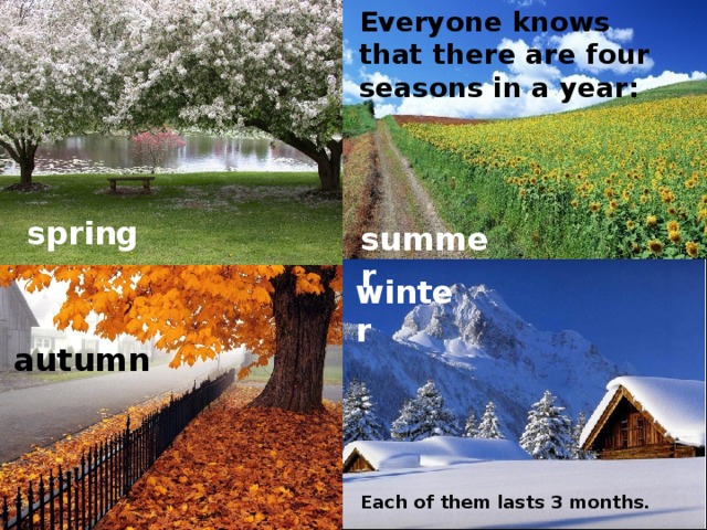 Everyone knows that there are four seasons in a year: spring summer winter autumn Each of them lasts 3 months.