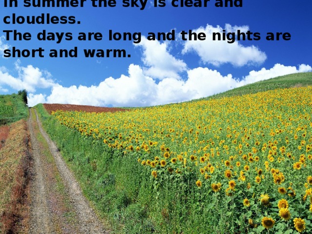 In summer the sky is clear and cloudless. The days are long and the nights are short and warm.