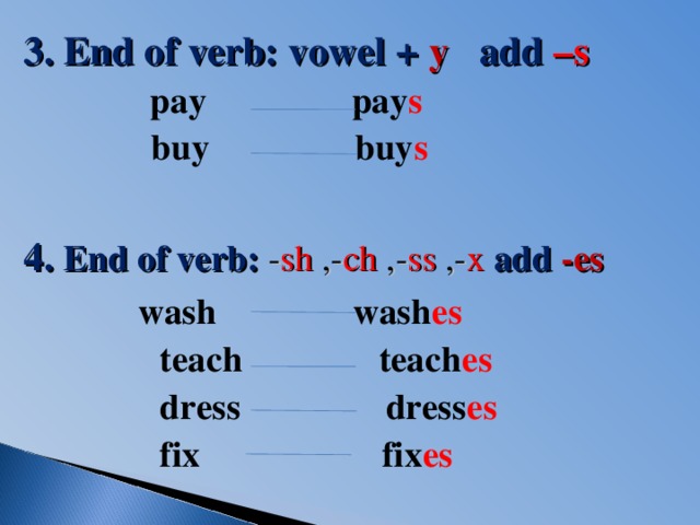 3. End of verb: vowel + y add  –s   pay pay s    buy buy s  4. End of verb: - sh ,- ch ,- ss ,- x add -es  wash wash es  teach teach es  dress dress es  fix fix es