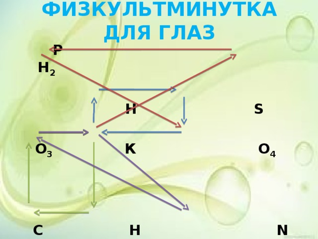 ФИЗКУЛЬТМИНУТКА ДЛЯ ГЛАЗ  Р  H 2  Н  S  O 3  К  O 4  C  H  N