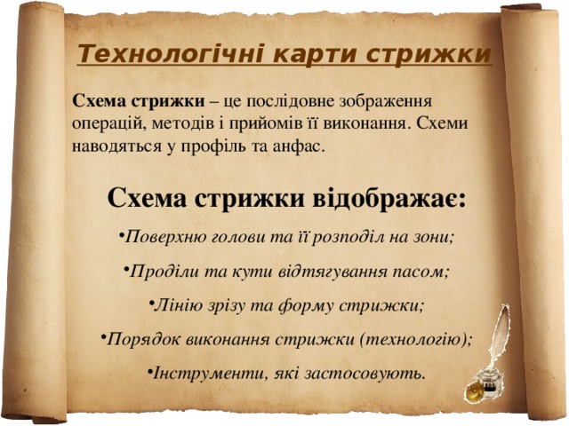 Технологічні карти стрижки Схема стрижки – це послідовне зображення операцій, методів і прийомів її виконання. Схеми наводяться у профіль та анфас. Схема стрижки відображає: