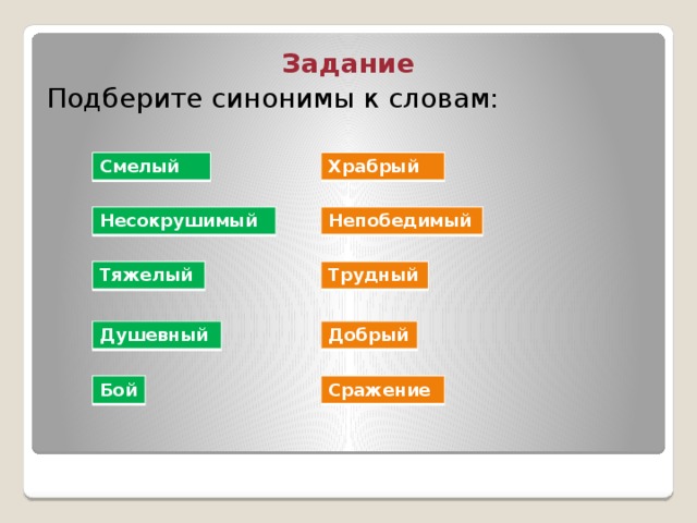 Задание Подберите синонимы к словам: Смелый Храбрый Несокрушимый Непобедимый Тяжелый Трудный Душевный Добрый Бой Сражение