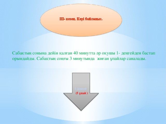 Сабақтың соңына дейін қалған 40 минутта әр оқушы 1- деңгейден бастап орындайды. Сабақтың соңғы 3 минутында жиған ұпайлар саналады.      I деңгей (5 ұпай )  