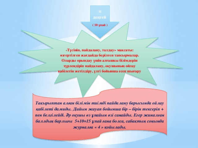   II деңгей  ( 10 ұпай )     « Түсініп, пайдалану, талдау» мақсаты: өзгертілген жағдайда берілген тапсырмалар. Оларды орындау үшін алғашқы білімдерін түрлендіріп пайдалану, оқушының ойлау қабілетін жетілдіру, үлгі бойынша есеп шығару  Тақырыптан алған білімін тиімді пайдалану барысында ойлау қабілеті дамиды. Дайын жауап бойынша бір – бірін тексеріп + пен белгілейді. Әр оқушы өз ұпайын өзі санайды. Егер жиналған баллдың барлығы 5+10=15 ұпай ғана болса, сабақтың соңында журналға « 4 » қойылады.  