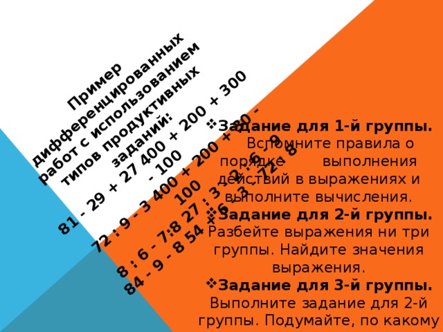 Пример дифференцированных работ с использованием типов продуктивных заданий: 81 - 29 + 27 400 + 200 + 300 - 100 72 : 9 - 3 400 + 200 + 30 - 100 8 : 6 - 7:8 27 : 3 - 2 : 6 - 9 84 - 9 - 8 54 + 6 - 3 - 72 : 8 Задание для 1-й группы.  Вспомните правила о порядке выполнения действий в выражениях и выполните вычисления. Задание для 2-й группы. Разбейте выражения ни три группы. Найдите значения выражения. Задание для 3-й группы. Выполните задание для 2-й группы. Подумайте, по какому признаку можно разбить выражения на две группы .