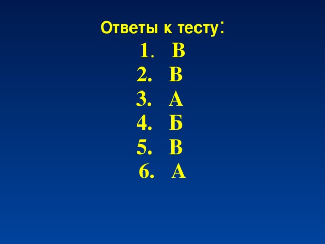 Ответы к тесту :  1 . В  2. В  3. А  4. Б  5. В  6. А