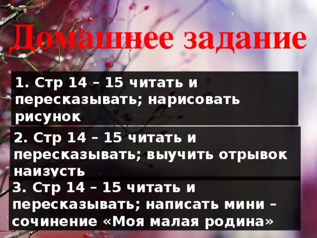 Домашнее задание 1. Стр 14 – 15 читать и пересказывать; нарисовать рисунок 2. Стр 14 – 15 читать и пересказывать; выучить отрывок наизусть 3. Стр 14 – 15 читать и пересказывать; написать мини – сочинение «Моя малая родина»