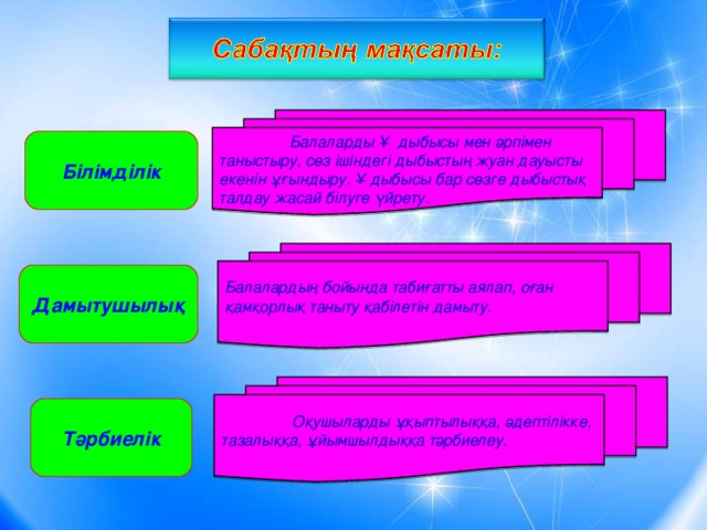 Балаларды Ұ дыбысы мен әрпімен таныстыру, сөз ішіндегі дыбыстың жуан дауысты екенін ұғындыру. Ұ дыбысы бар сөзге дыбыстық талдау жасай білуге үйрету. Білімділік Балалардың бойында табиғатты аялап, оған қамқорлық таныту қабілетін дамыту. Дамытушылық  Оқушыларды ұқыптылыққа, әдептілікке, тазалыққа, ұйымшылдыққа тәрбиелеу. Тәрбиелік