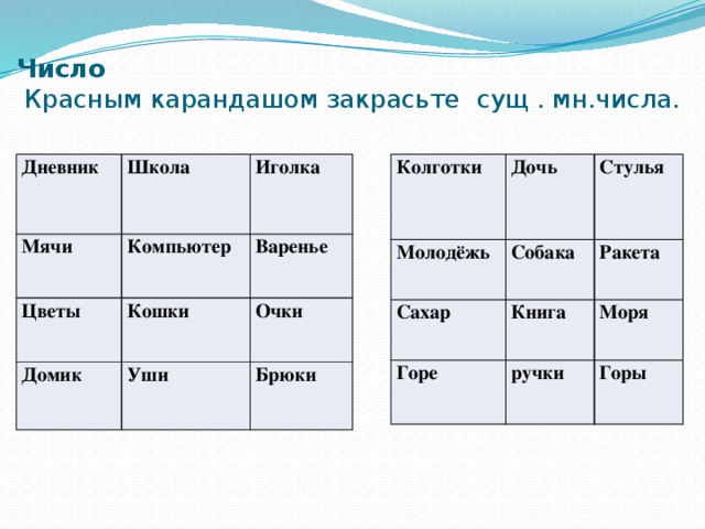 Число  Красным карандашом закрасьте  сущ . мн.числа.   Дневник Колготки Дочь Школа Мячи Молодёжь Сахар Собака Стулья Цветы Компьютер Иголка Кошки Книга Ракета Горе Домик Варенье Уши Очки Моря ручки Брюки Горы