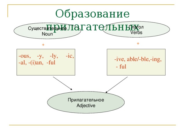 Образование прилагательных Глагол Verbs Существительное Noun + + -ous, -y, -ly, -ic, -al, -(i)an, -ful -ive, able/-ble,-ing,  - ful Прилагательное Adjective