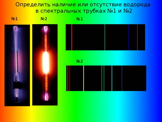 Определить наличие или отсутствие водорода  в спектральных трубках №1 и №2 № 1 № 2 № 1 № 2