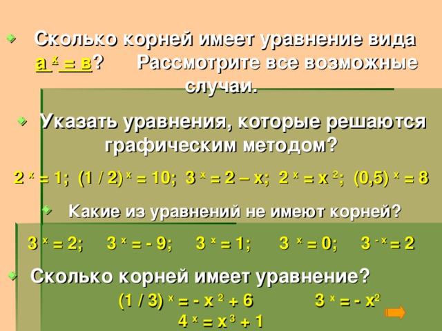   Сколько корней имеет уравнение вида а х = в ? Рассмотрите все возможные случаи.   Указать уравнения, которые решаются графическим методом? 2 х = 1; (1 / 2) х = 10; 3 х = 2 – х; 2 х = х 2 ; (0,5) х = 8   Какие из уравнений не имеют корней? 3 х = 2; 3 х = - 9; 3 х = 1; 3 х = 0; 3 - х = 2   Сколько корней имеет уравнение? (1 / 3) х = - х 2 + 6 3 х = - х 2 4 х = х 3 + 1