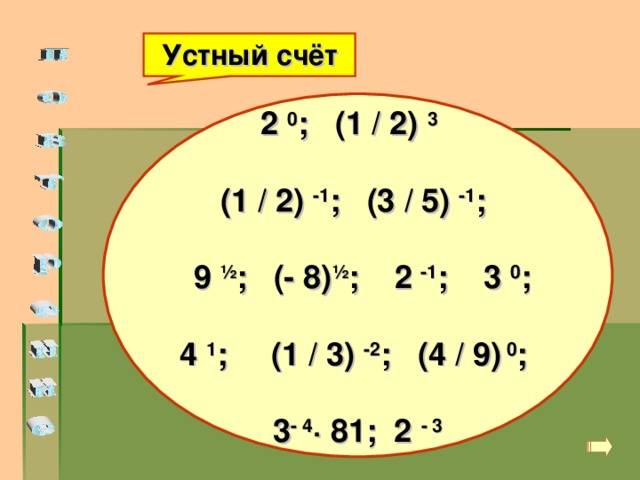 Устный счёт 2 0 ; (1 / 2) 3   (1 / 2) -1 ; (3 / 5) -1 ;   9 ½ ; (- 8) ½ ; 2 -1 ; 3 0 ;   4 1 ; (1 / 3) -2 ; (4 / 9) 0 ;  3 - 4 ∙ 81; 2 - 3