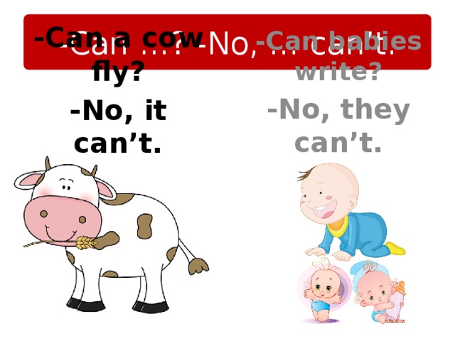 -Can …? -No, … can’t. -Can babies write? -No, they can’t. -Can a cow fly? -No, it can’t.