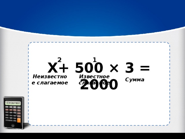 1 2 X+ 500 × 3 = 2000 Неизвестное слагаемое Известное слагаемое Сумма