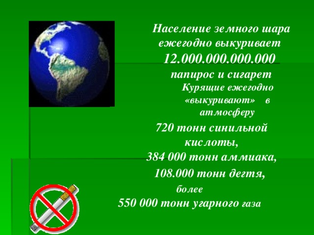 Население земного шара ежегодно выкуривает 12.000.000.000.000  папирос и сигарет Курящие ежегодно «выкуривают» в атмосферу 720 тонн синильной кислоты, 384 000 тонн аммиака, 108.000 тонн дегтя , более 550 000 тонн угарного газа