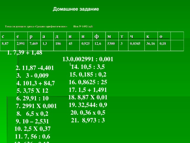 Домашнее задание     Тема следующего урока «Среднее арифметическое» Или № 1492 (а,б)  с 8,87  е 2,991 р а 7,469 1,3 д 186 н 45 и 0,925 ф 12,6 м т 5300 3 ч к 0,0345 36,16 о 0,18  1. 7,39 + 1,48  2. 11,87 -4,401 3. 3 - 0,009  4. 101,3 + 84,7 5. 3,75 Х 12 6. 29,91 : 10  7. 2991 Х 0,001 8. 6,5 х 0,2 9. 10 – 2,531 10. 2,5 Х 0,37 11. 7, 56 : 0,6 12. 636 : 0,12 13.0,002991 : 0,001 14. 10,5 : 3,5 15. 0,185 : 0,2 16. 0,8625 : 25 17. 1,5 + 1,491 18. 8,87 Х 0,01 19. 32,544: 0,9 20. 0,36 х 0,5 21. 8,973 : 3