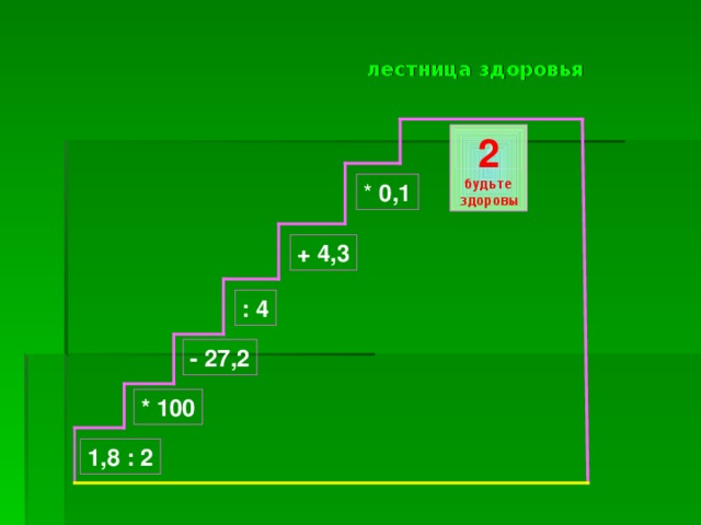 лестница здоровья 2 будьте здоровы ? * 0,1 + 4,3 : 4 - 27,2 * 100 1,8 : 2