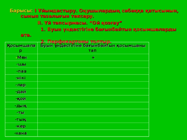 Барысы: І Ұйымдастыру. Оқушылардың сабаққа қатысымын, сынып тазалығын тексеру.  ІІ. Үй тапсырмасы. “Ой қозғау”  1. Буын үндестігіне бағынбайтын қосымшаларды ата.  2. Перфокартоны толтыр.               Қосымшалар Буын үндестігіне бағынбайтын қосымшаны тап Мен + -шы -паз -нікі -лар -дай -қой -дың -ты -тың -кер -хана